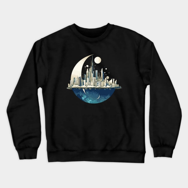 Modern City Skyline Landscape At Night Discovery Crewneck Sweatshirt by Cubebox